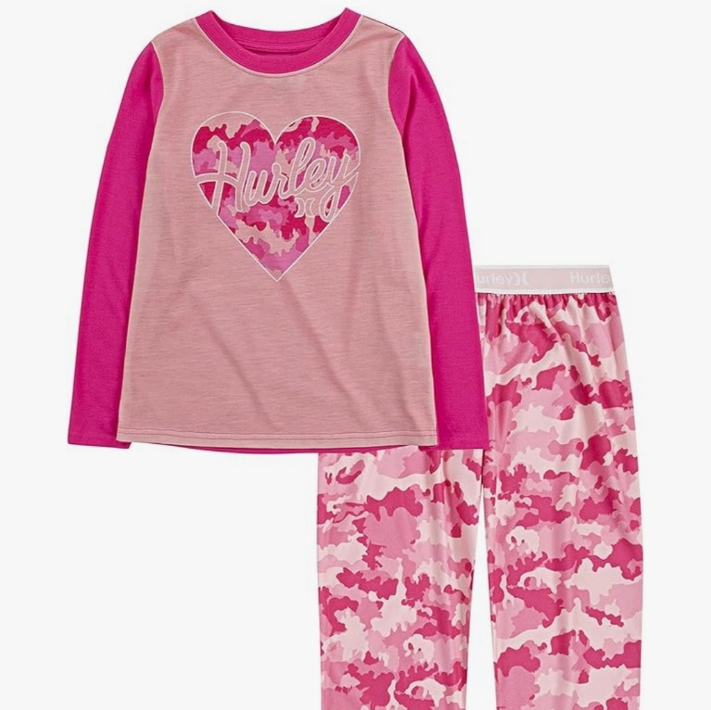 NWT 2pc Girls Hurley L/S Top Pink Camouflage Pants Pajamas -Size 4 & 6 available